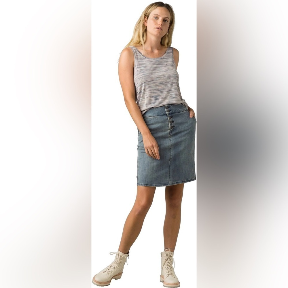 Prana Aubrey Dusted Blue Organic Cotton High-Waist Denim Skirt - Picture 1 of 8